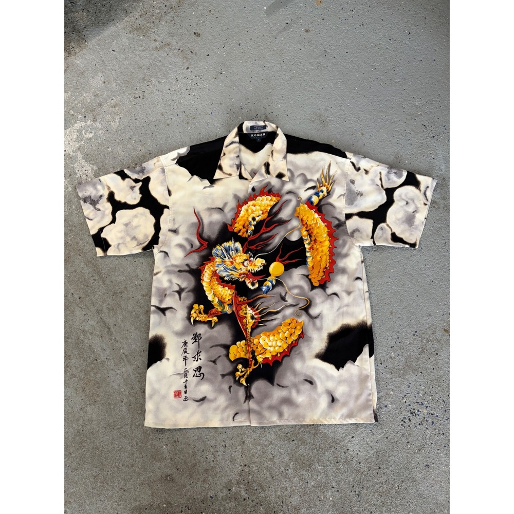 Vintage Y2K Koman Sport Mens Dragon Cloud Print Button Up Shirt Large Streetwear
